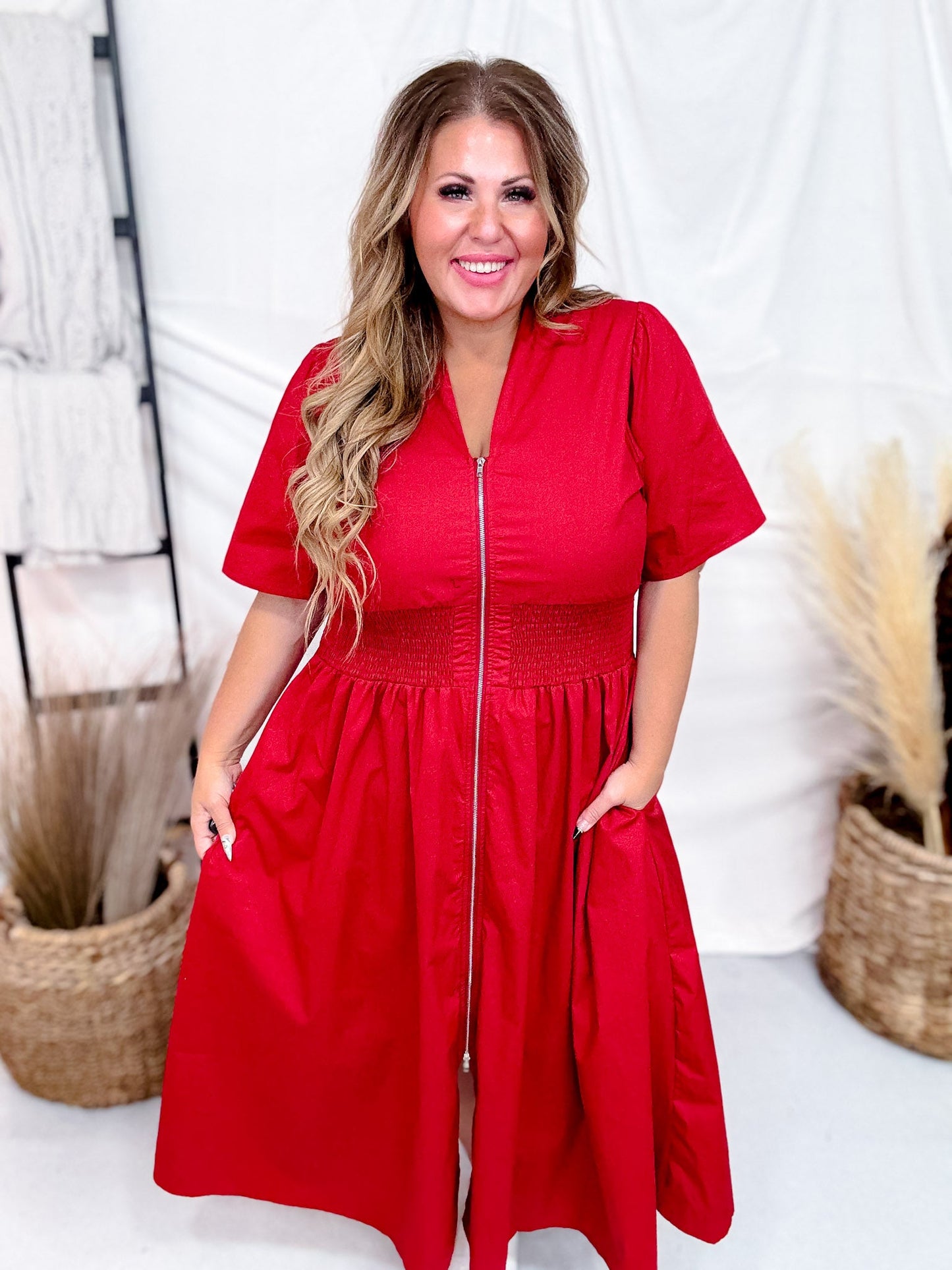 Short Sleeve Brick Red Smocked Waist Midi Dress W/ Pockets - Whiskey Skies - SHE + SKY