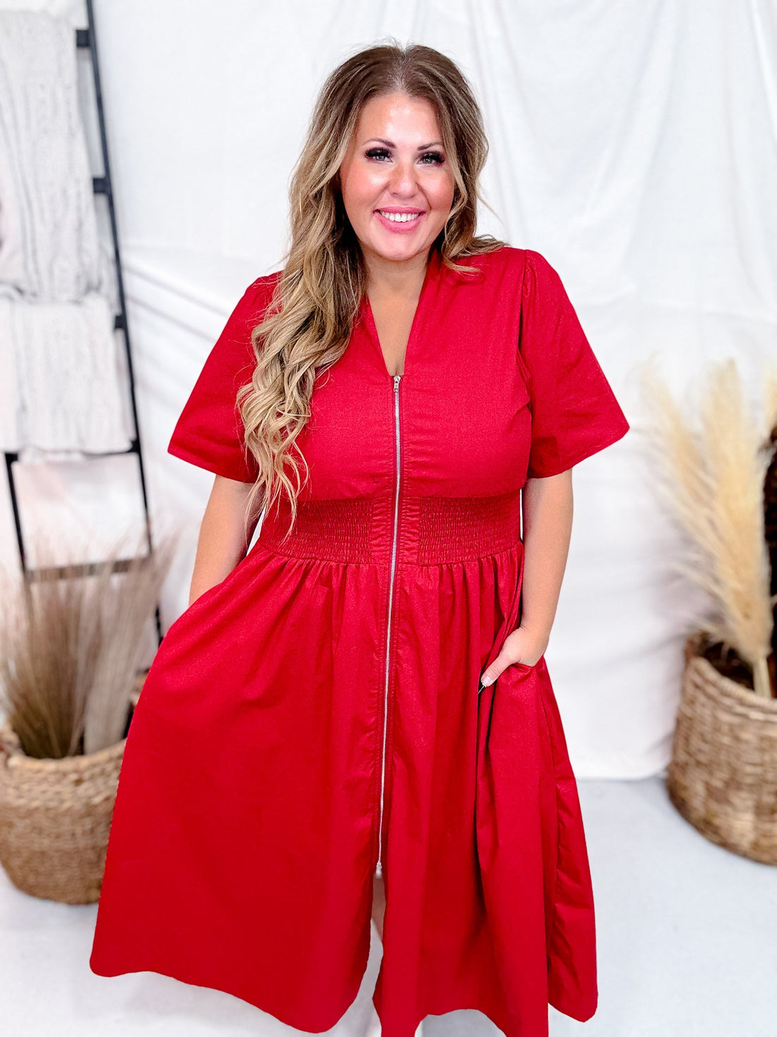 Short Sleeve Brick Red Smocked Waist Midi Dress W/ Pockets - Whiskey Skies - SHE + SKY
