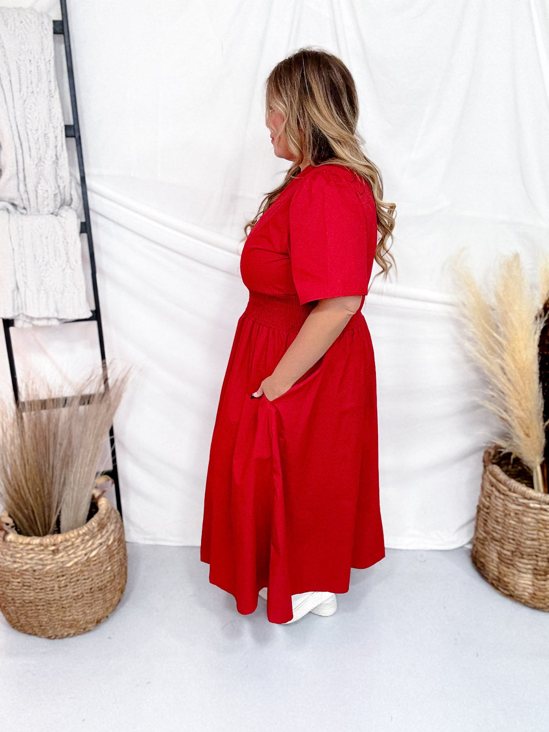 Short Sleeve Brick Red Smocked Waist Midi Dress W/ Pockets - Whiskey Skies - SHE + SKY