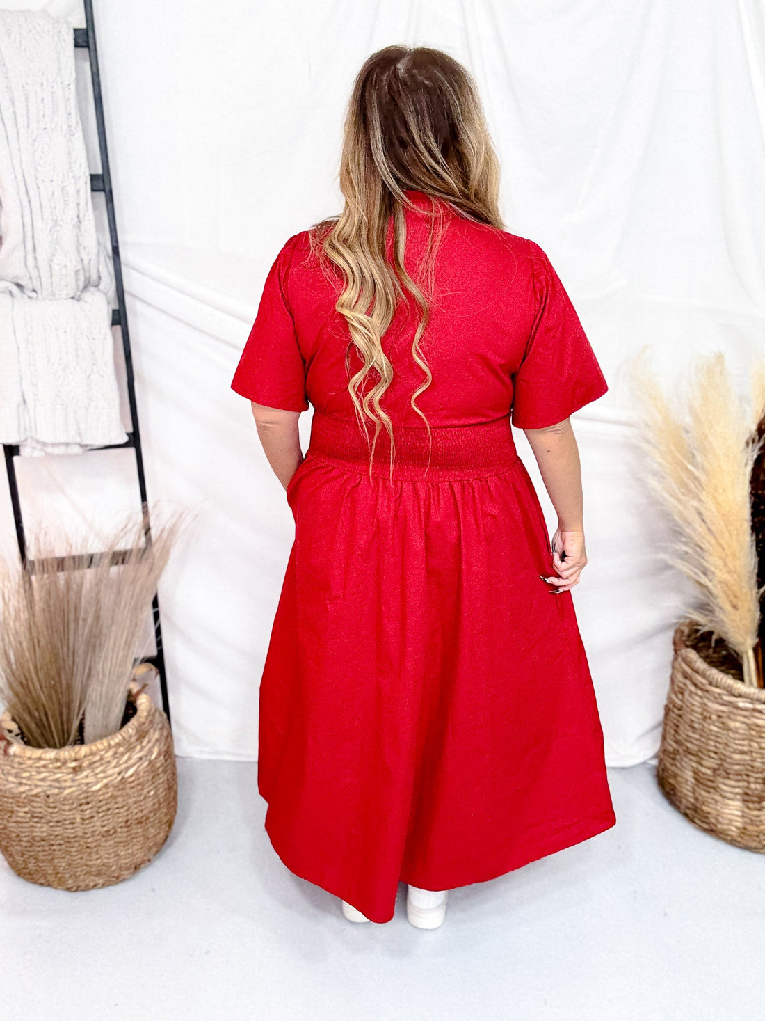 Short Sleeve Brick Red Smocked Waist Midi Dress W/ Pockets - Whiskey Skies - SHE + SKY