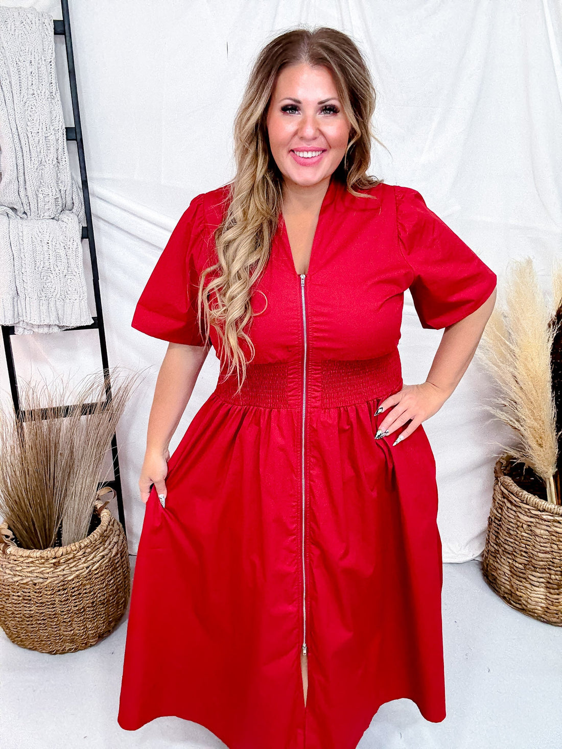 Short Sleeve Brick Red Smocked Waist Midi Dress W/ Pockets - Whiskey Skies - SHE + SKY