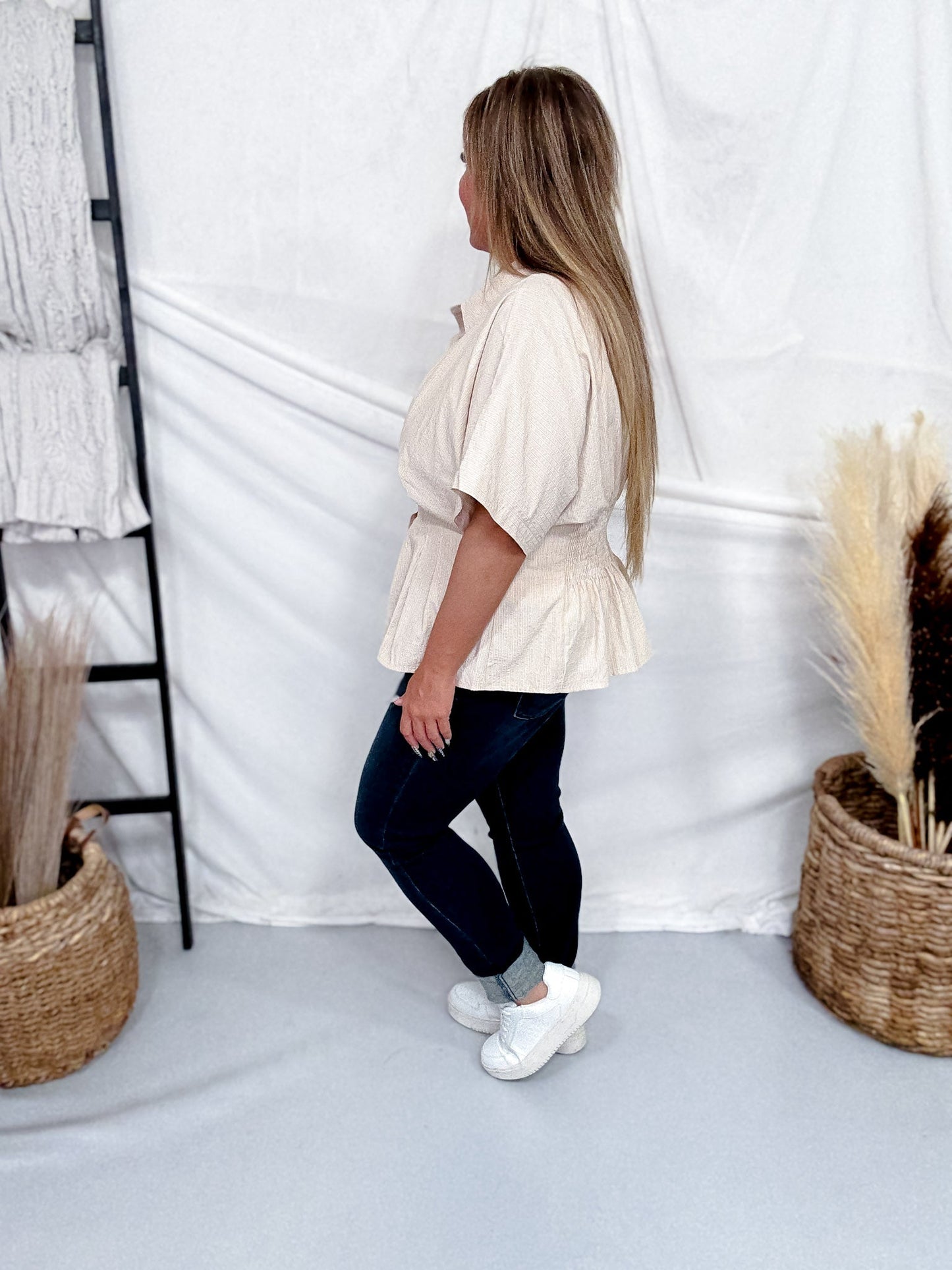 Short Sleeve Button Down Peplum Top In Ecru - Whiskey Skies - ODDI