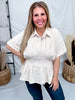 Short Sleeve Button Down Peplum Top In Ecru - Whiskey Skies - ODDI