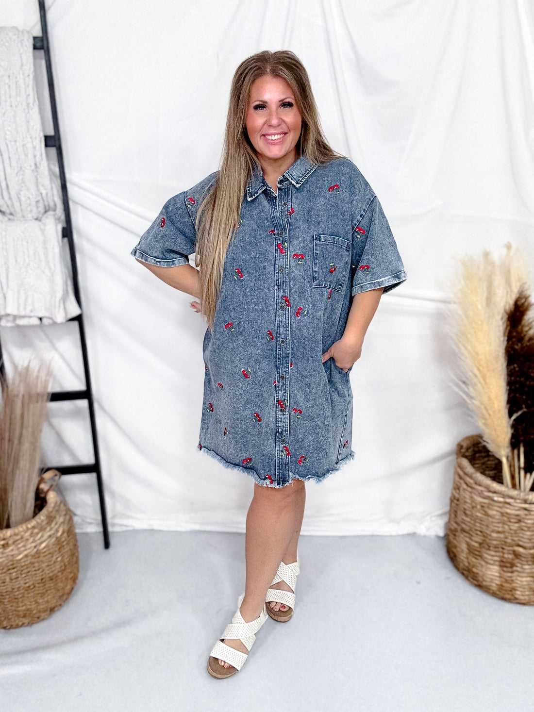 Short Sleeve Denim Dress With Cherry Embroidery - Whiskey Skies - SEW IN LOVE