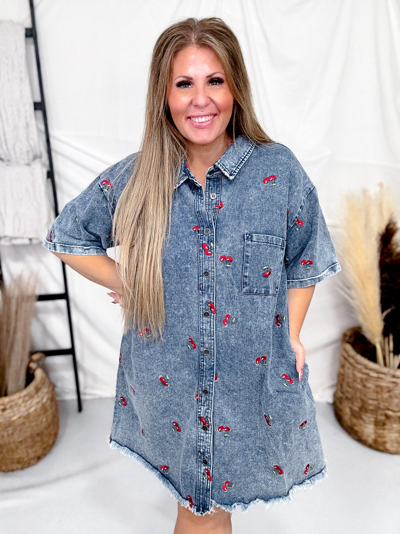 ladies short sleeve denim dress Drawstring Collared Neck Short Sleeve Denim Dress Dark / L