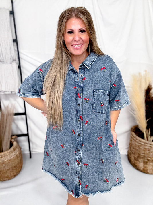 Short Sleeve Denim Dress With Cherry Embroidery - Whiskey Skies - SEW IN LOVE