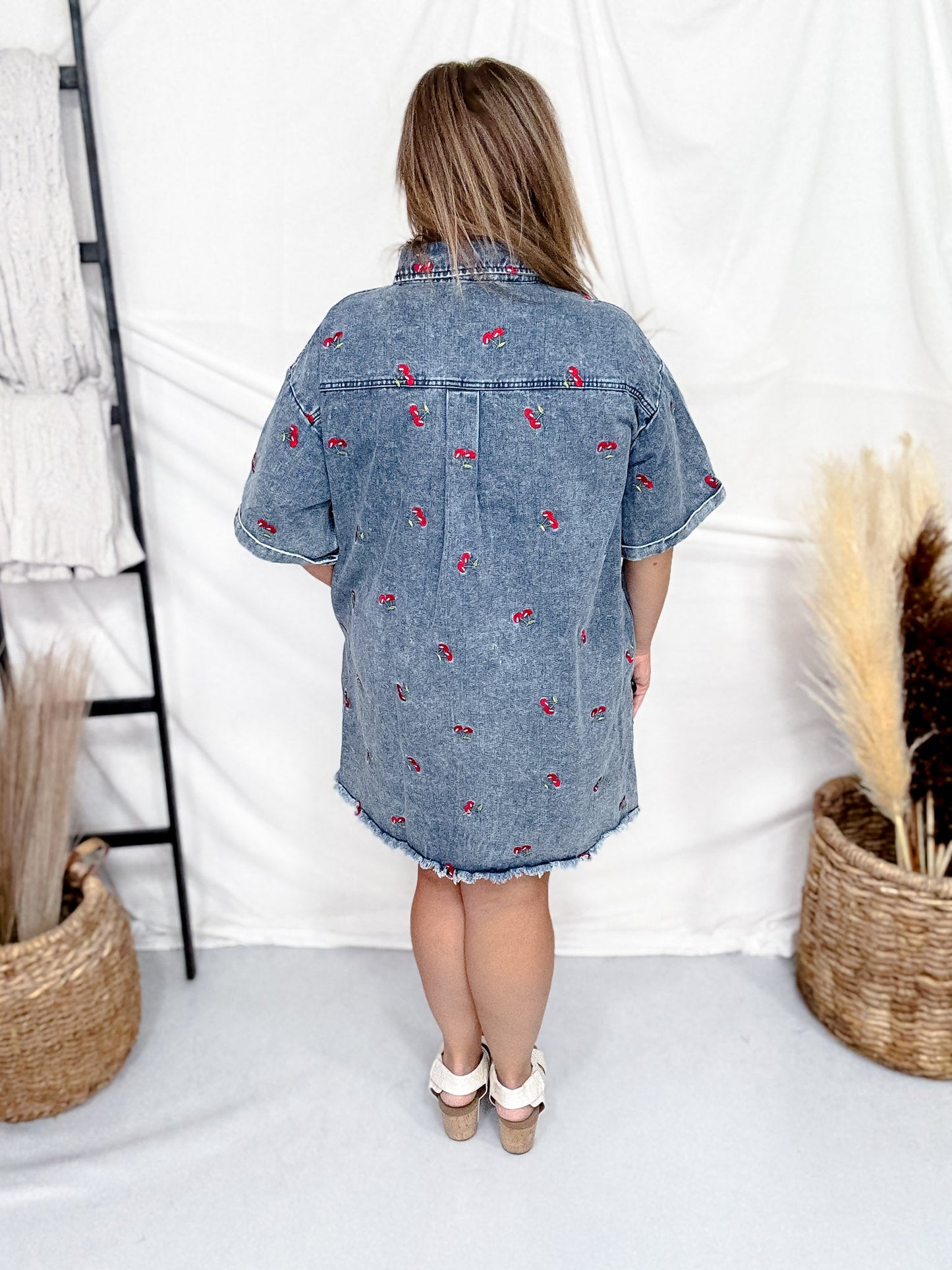 Short Sleeve Denim Dress With Cherry Embroidery - Whiskey Skies - SEW IN LOVE