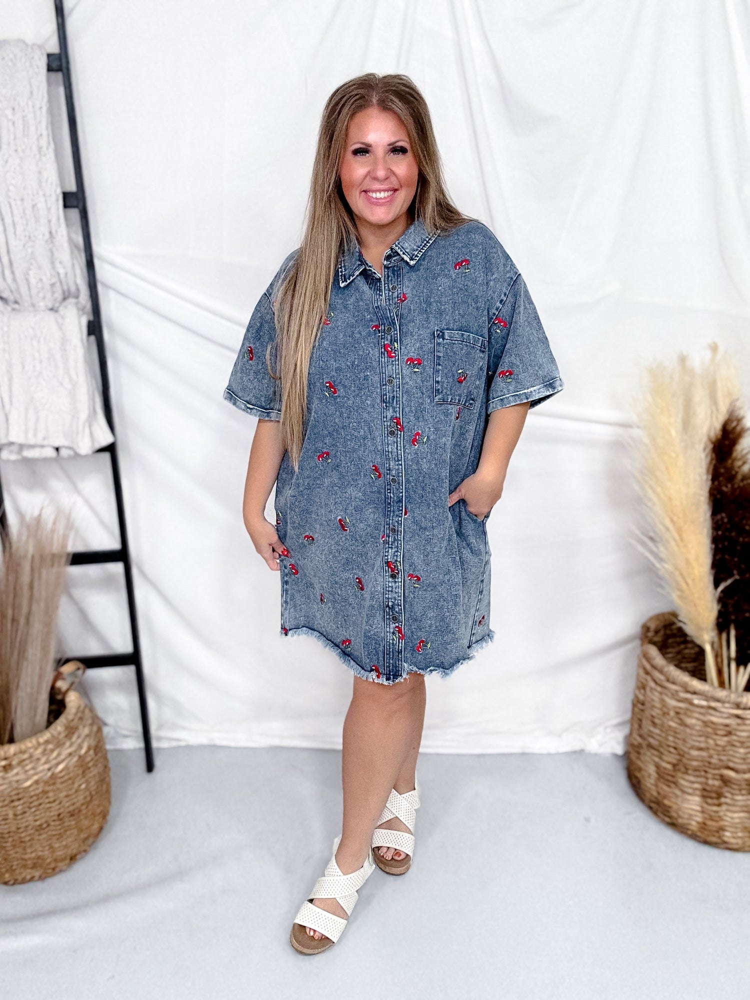 Short Sleeve Denim Dress With Cherry Embroidery Short Sleeve Denim Dress With Cherry Embroidery