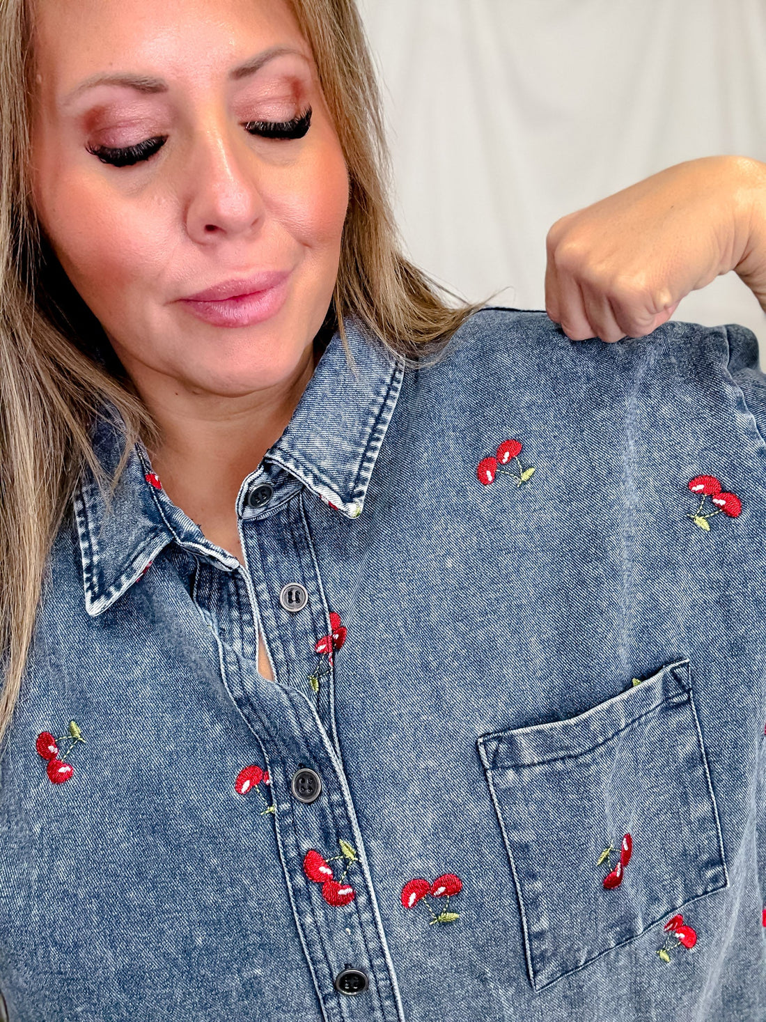 Short Sleeve Denim Dress With Cherry Embroidery - Whiskey Skies - SEW IN LOVE