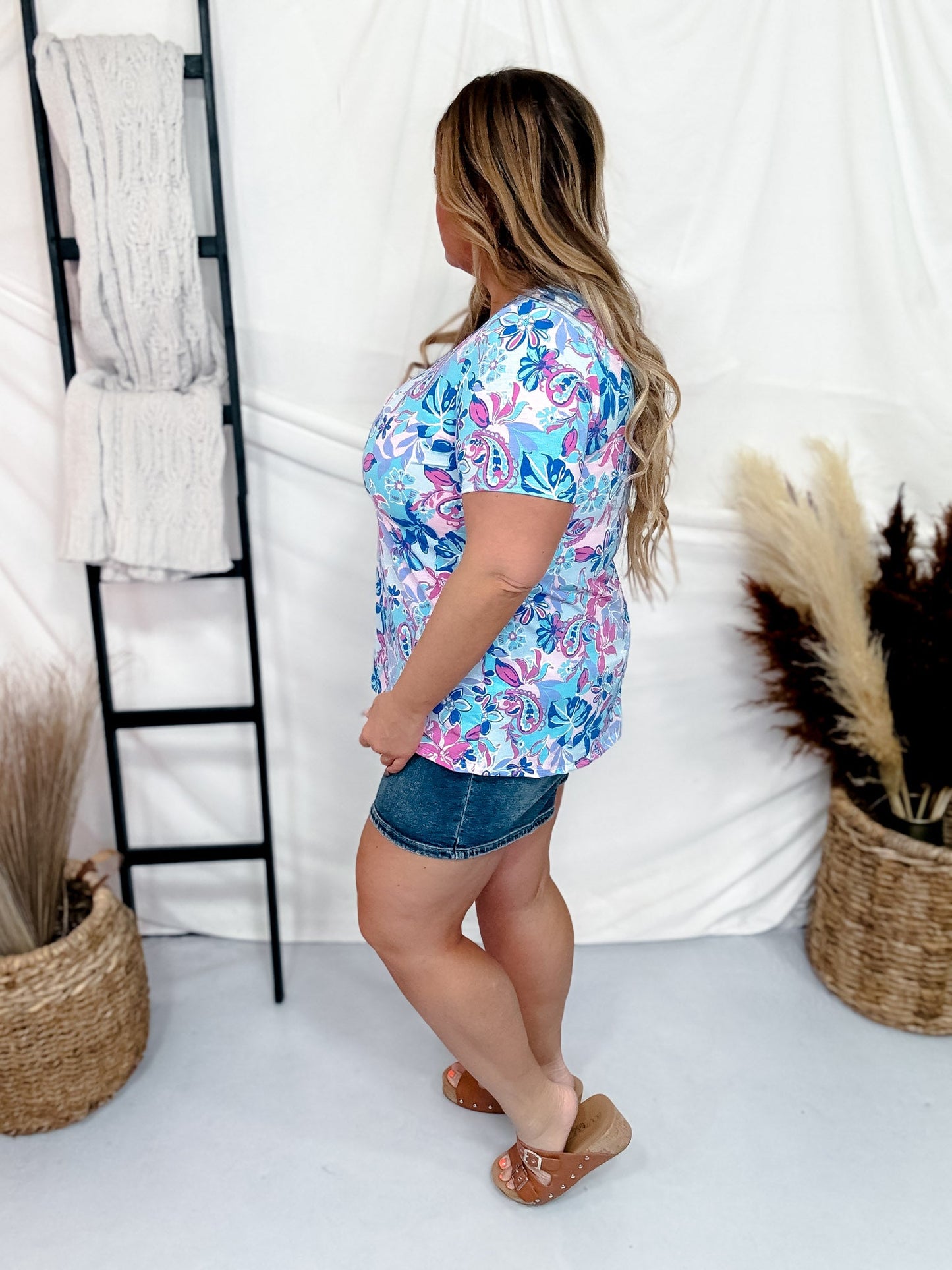 Short Sleeve Floral Boyfriend Top with V - Neckline - Whiskey Skies - DEAR SCARLETT