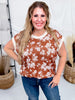 Short Sleeve Jaquard Knit Top With Floral Print In Terra Cotta - Whiskey Skies - ODDI