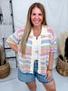 Short Sleeve Knit Button Down Top With Multicolored Stripes - Whiskey Skies - BIBI