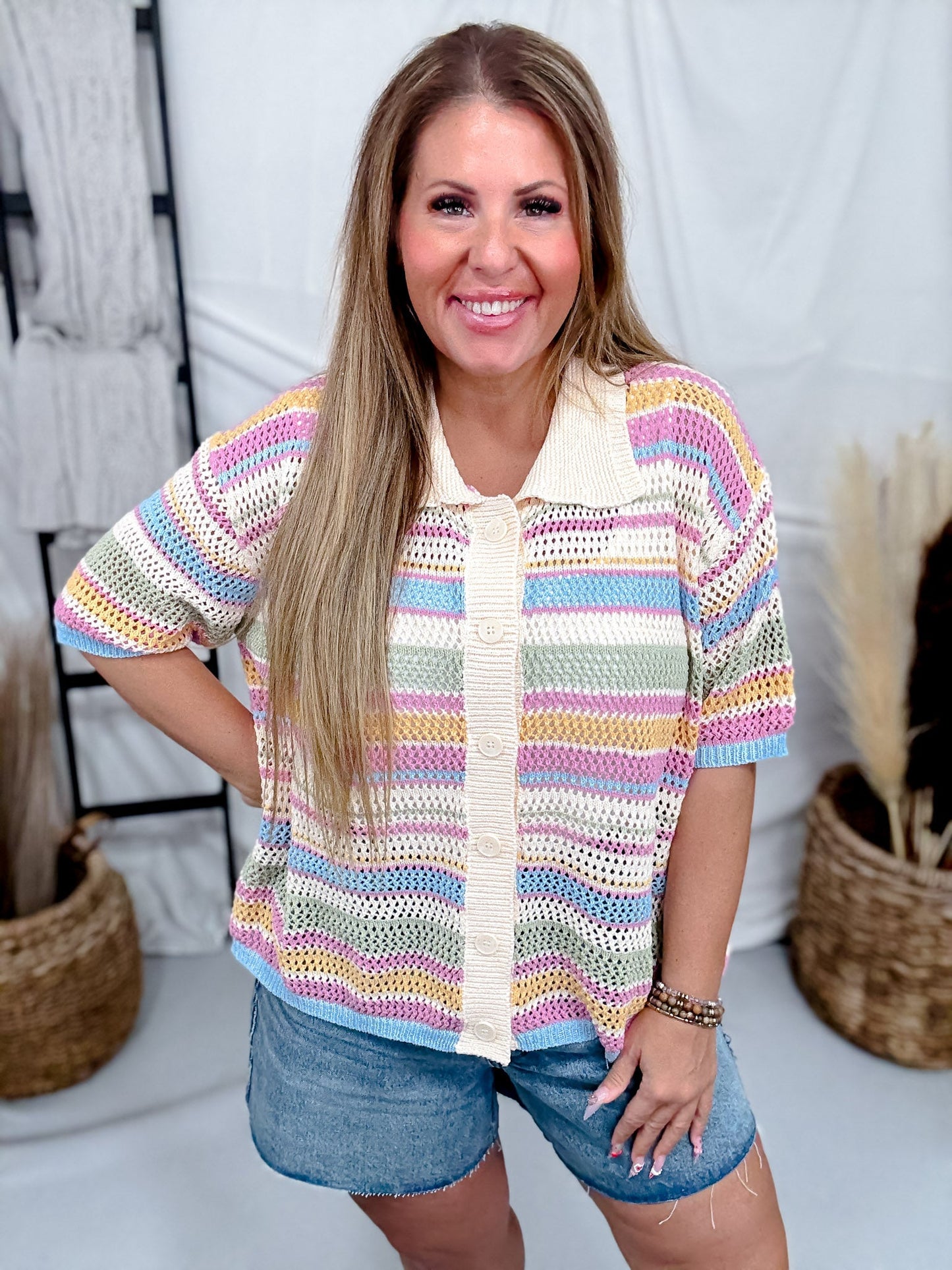 Short Sleeve Knit Button Down Top With Multicolored Stripes - Whiskey Skies - BIBI