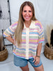 Short Sleeve Knit Button Down Top With Multicolored Stripes - Whiskey Skies - BIBI