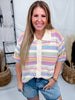 Short Sleeve Knit Button Down Top With Multicolored Stripes - Whiskey Skies - BIBI