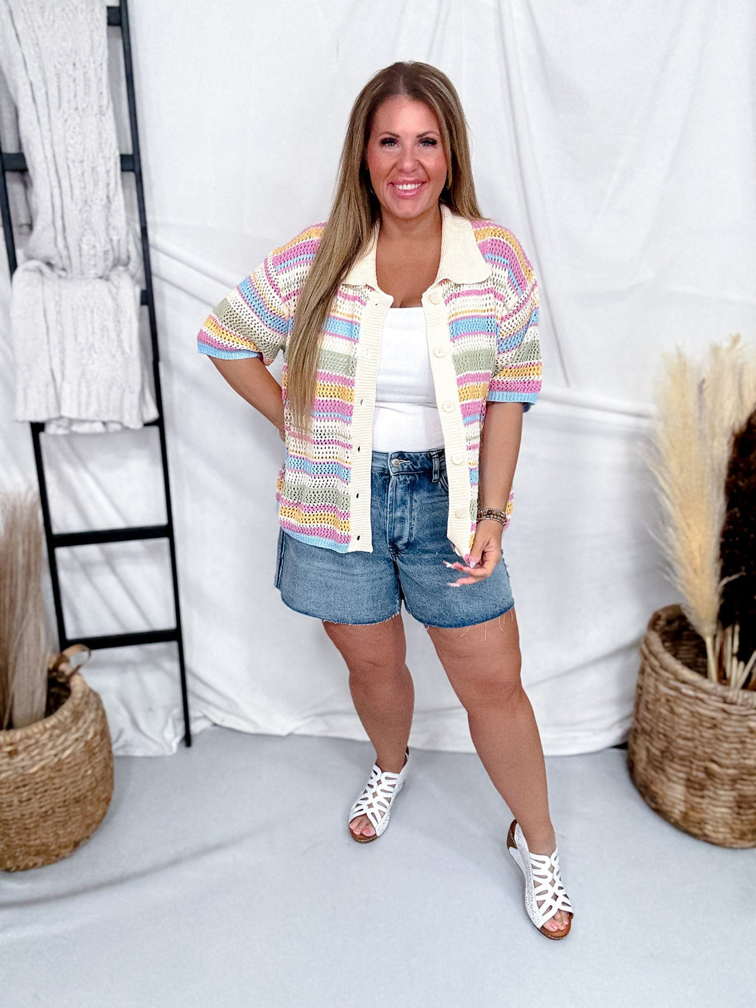 Short Sleeve Knit Button Down Top With Multicolored Stripes - Whiskey Skies - BIBI