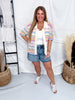 Short Sleeve Knit Button Down Top With Multicolored Stripes - Whiskey Skies - BIBI