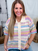 Short Sleeve Knit Button Down Top With Multicolored Stripes - Whiskey Skies - BIBI