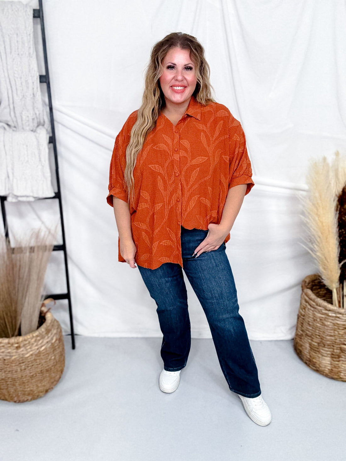 Short Sleeve Rust Colored Floral Textured Blouse - Whiskey Skies - UMGEE