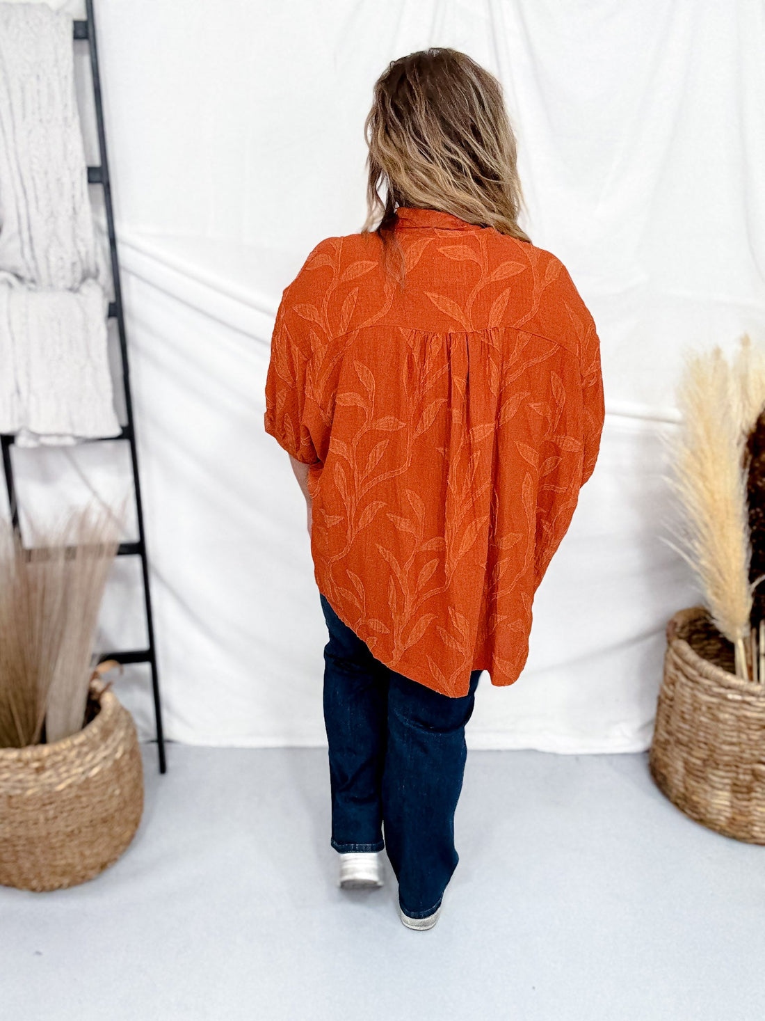 Short Sleeve Rust Colored Floral Textured Blouse - Whiskey Skies - UMGEE
