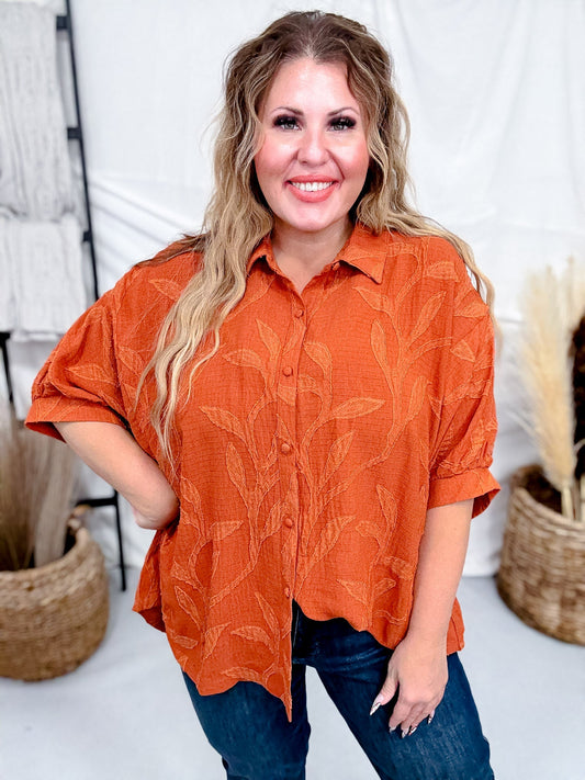 Short Sleeve Rust Colored Floral Textured Blouse - Whiskey Skies - UMGEE