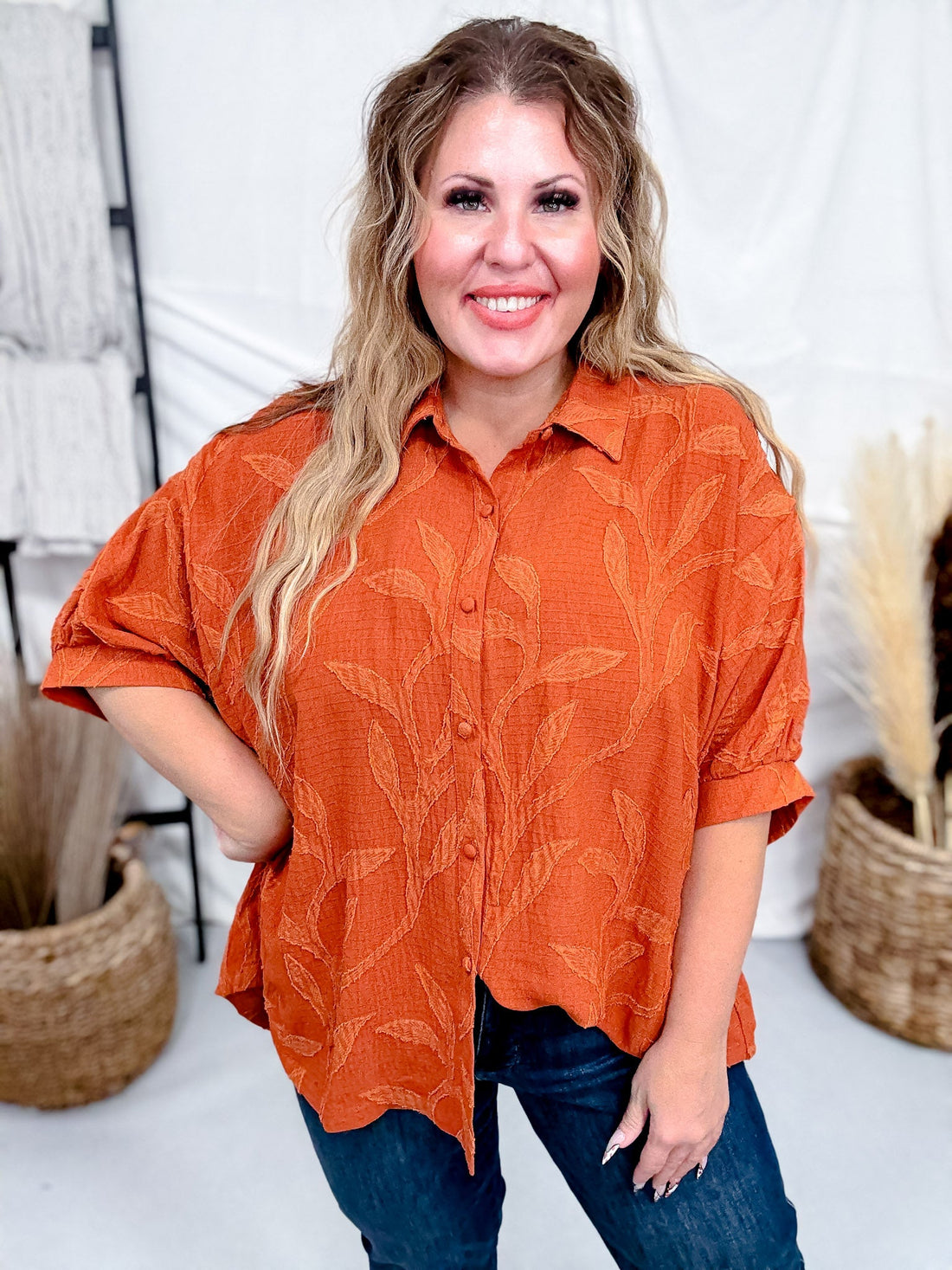 Short Sleeve Rust Colored Floral Textured Blouse - Whiskey Skies - UMGEE