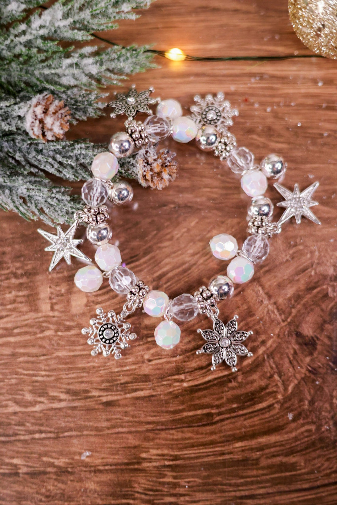 Silver and Iridescent White Snowflake Charm Bracelet - Whiskey Skies - PERIWINKLE BY BARLOW