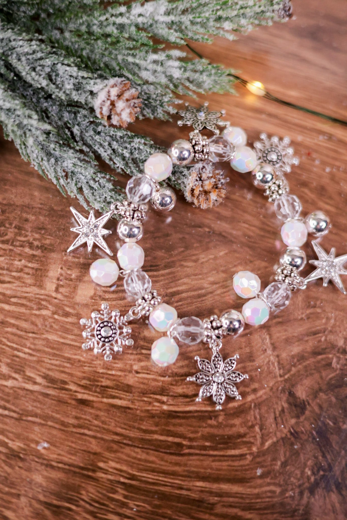 Silver and Iridescent White Snowflake Charm Bracelet - Whiskey Skies - PERIWINKLE BY BARLOW