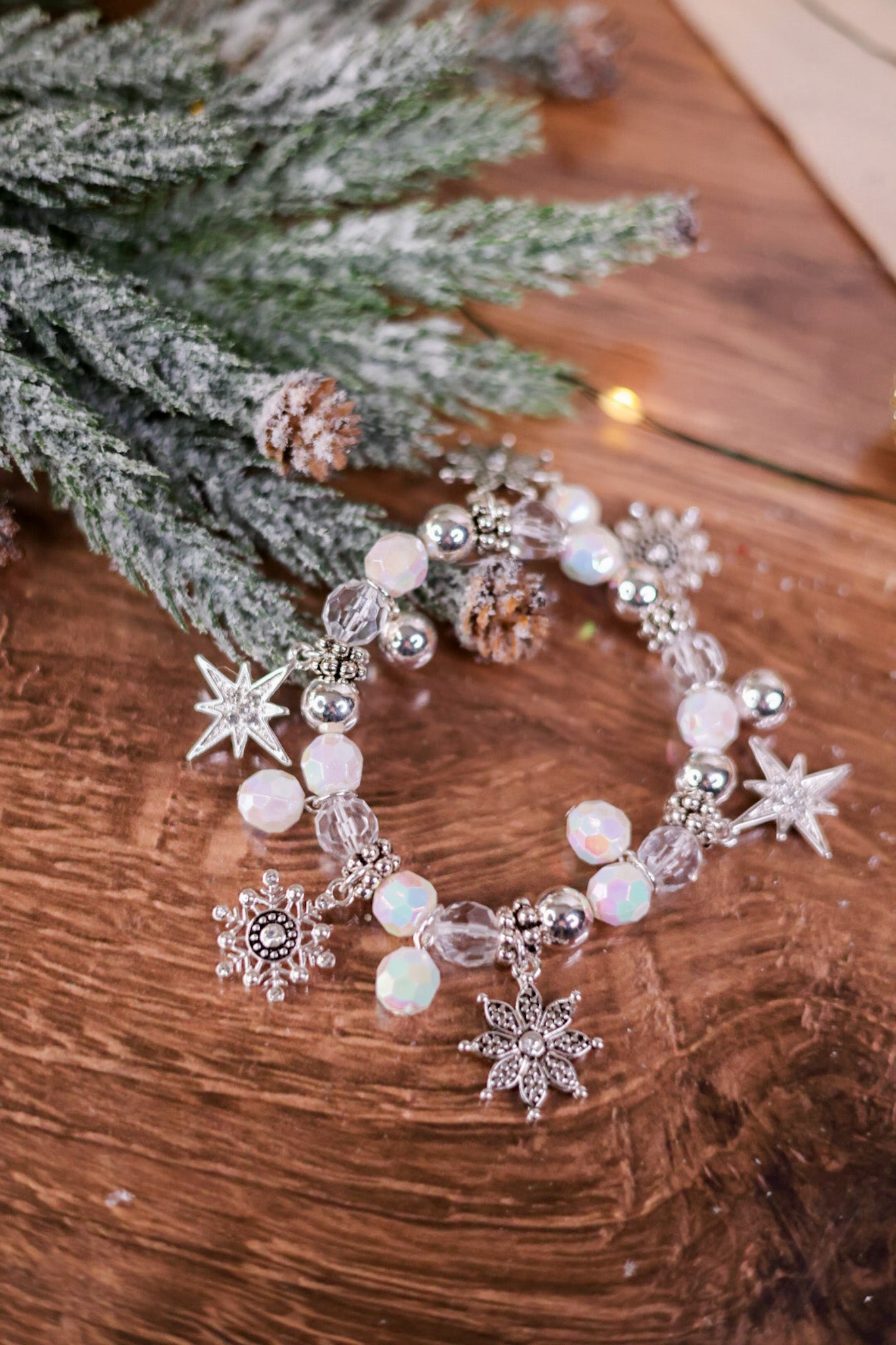 Silver and Iridescent White Snowflake Charm Bracelet - Whiskey Skies - PERIWINKLE BY BARLOW