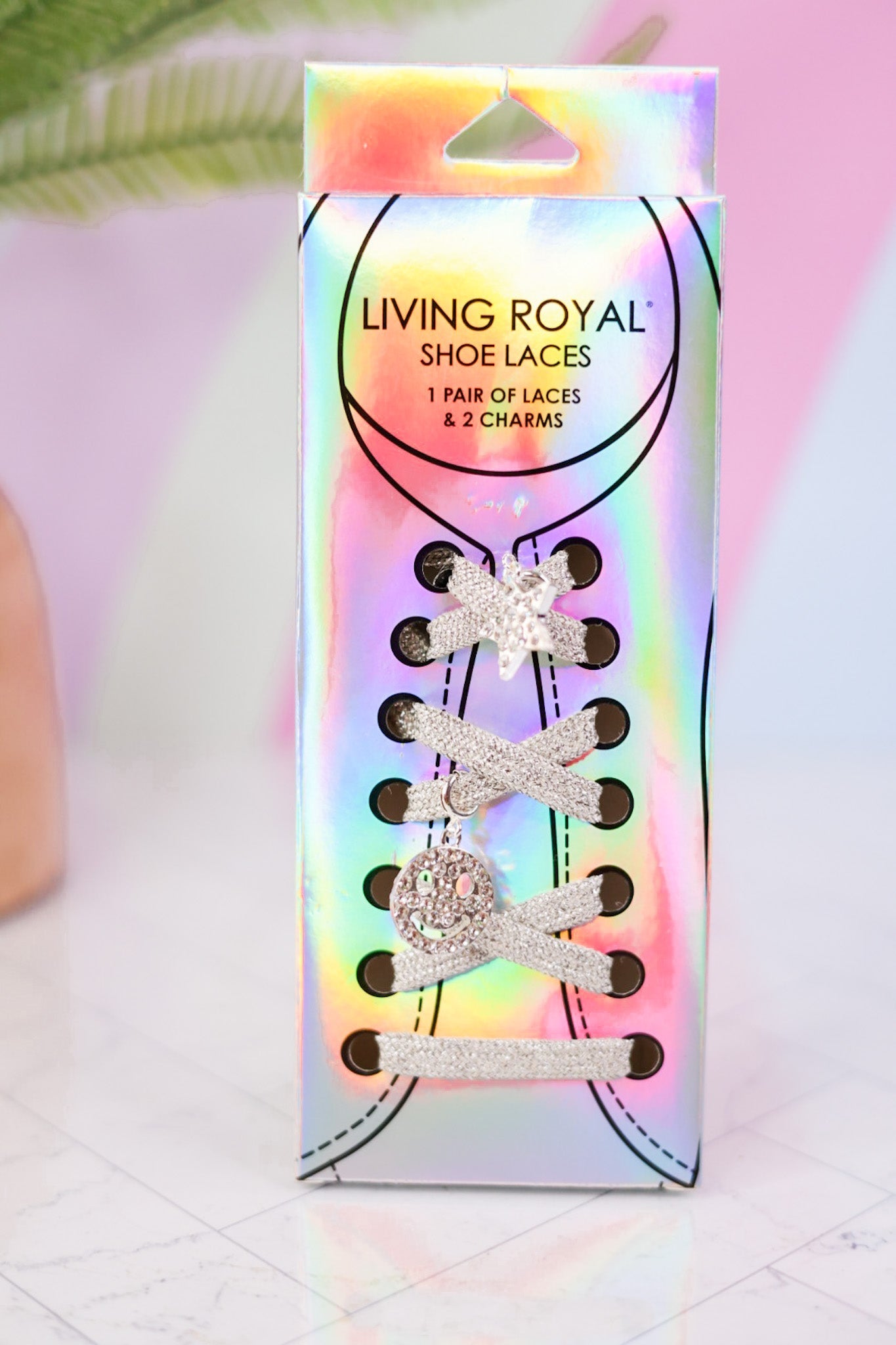 Silver It's All Smiles Shoe Laces and Charm Set - Whiskey Skies - LIVING ROYAL