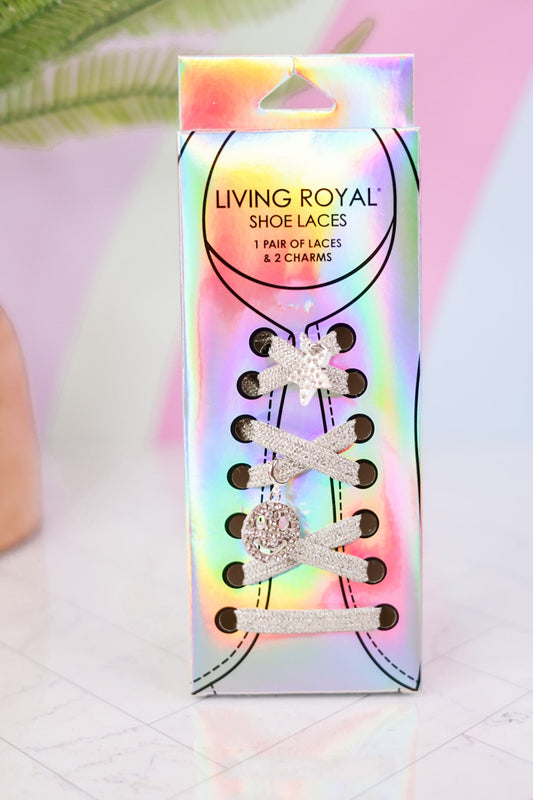 Silver It's All Smiles Shoe Laces and Charm Set - Whiskey Skies - LIVING ROYAL