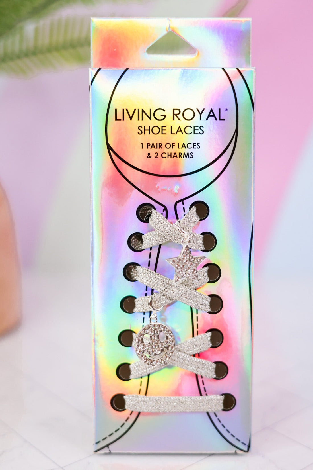 Silver It's All Smiles Shoe Laces and Charm Set - Whiskey Skies - LIVING ROYAL