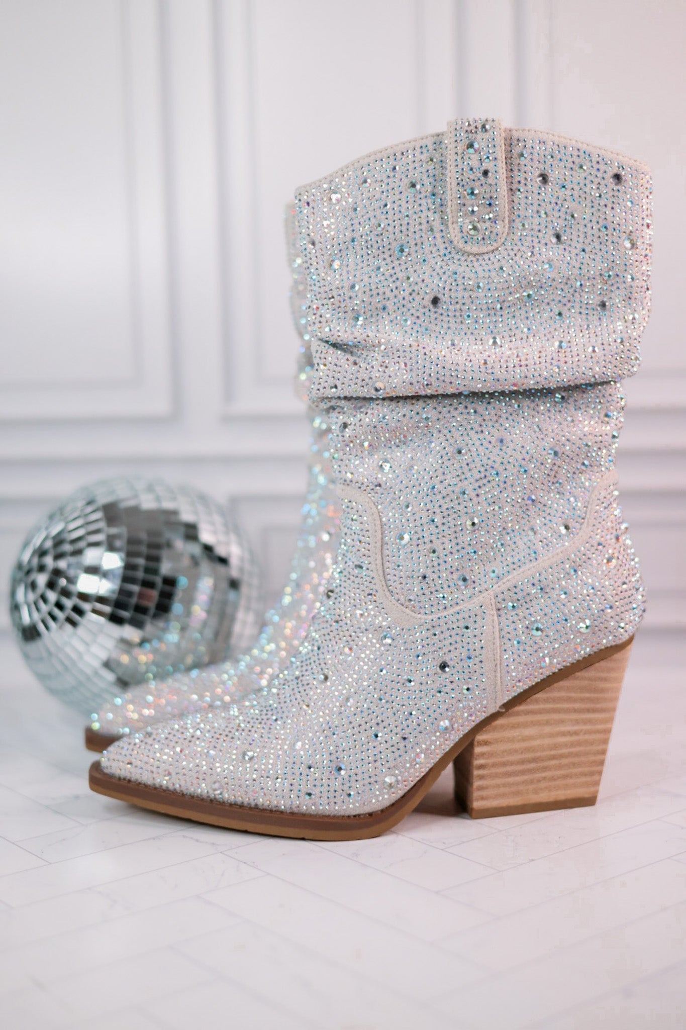 Silver Rhinestone Scrunchy Pull On Boots - Whiskey Skies - VERY G