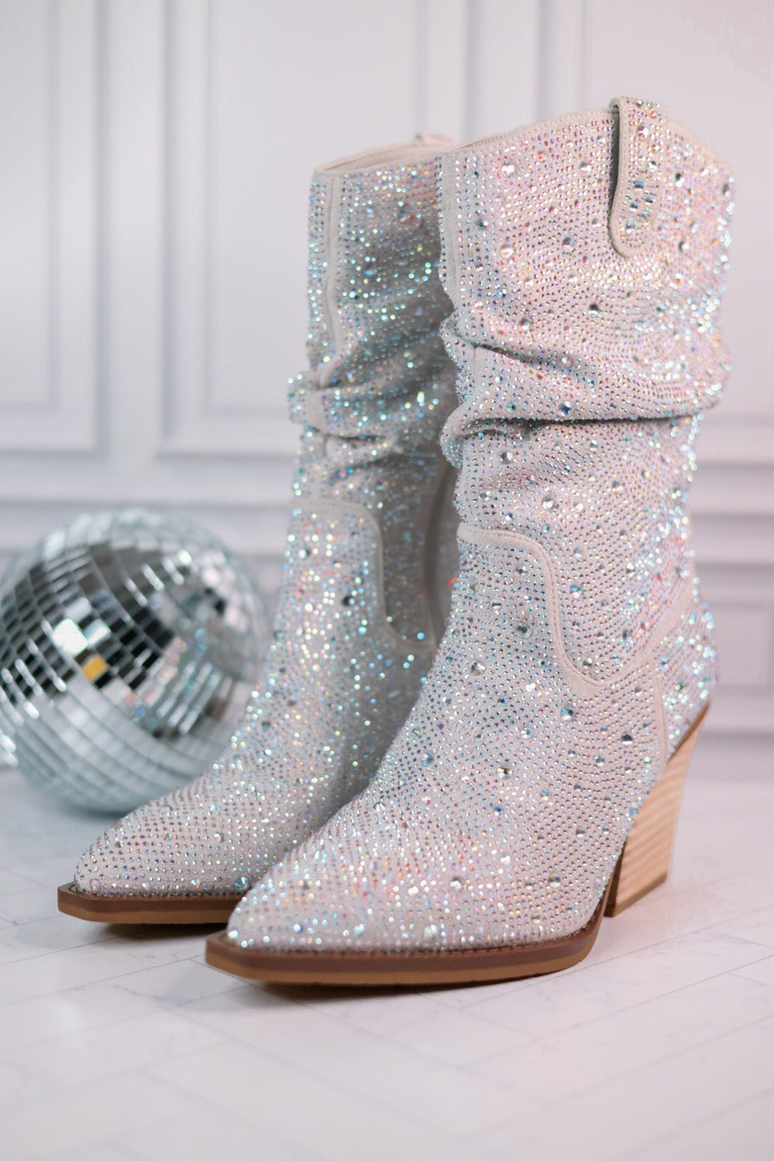 Silver Rhinestone Scrunchy Pull On Boots - Whiskey Skies - VERY G