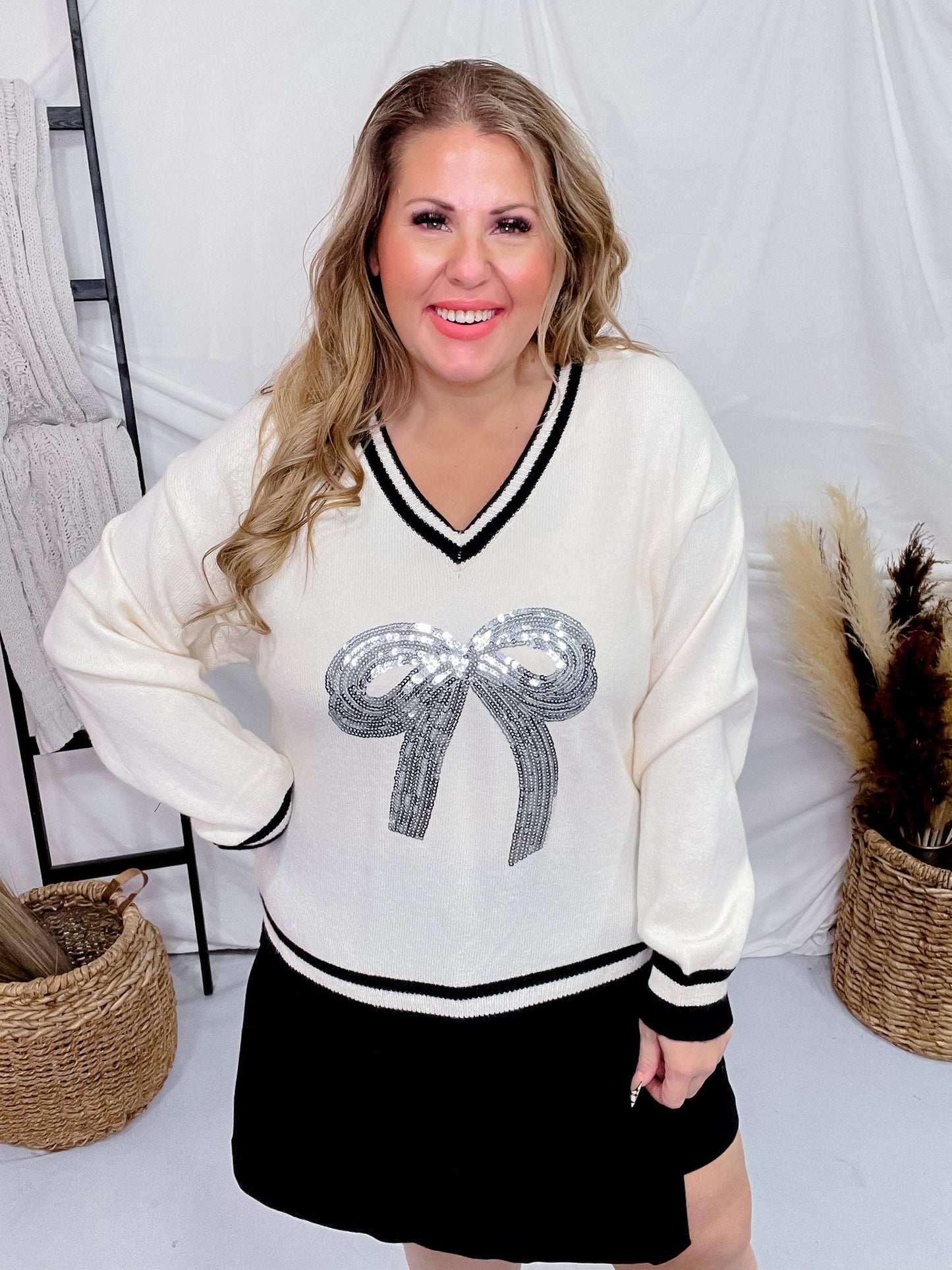 Silver Sequin Bow Long Sleeve Knit Sweater - Whiskey Skies - SOUTHERN GRACE