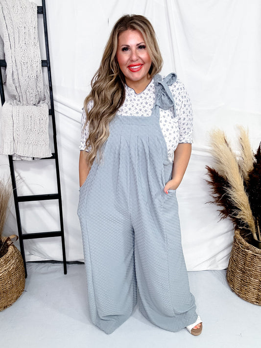 Slate Blue Checkered Jaquard Jumpsuit with Tie Sleeves - Whiskey Skies - ODDI