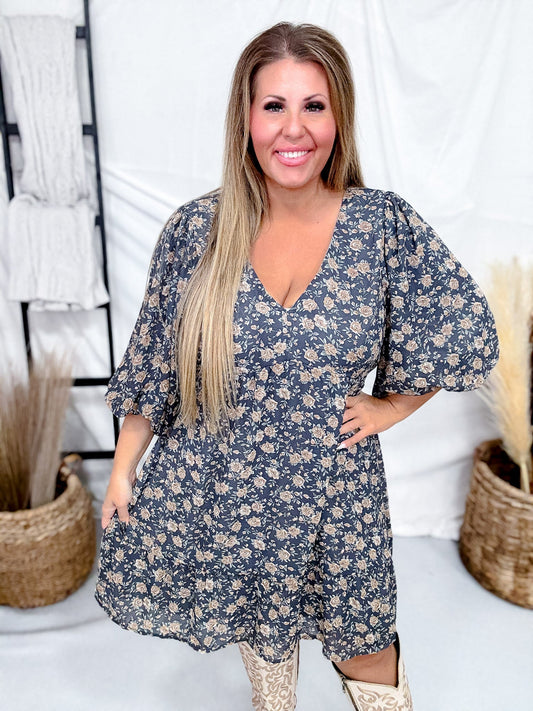 Slate Blue Floral V - Neck Mini Dress With Puff Sleeves - Whiskey Skies - POLAGRAM + BAEVELY