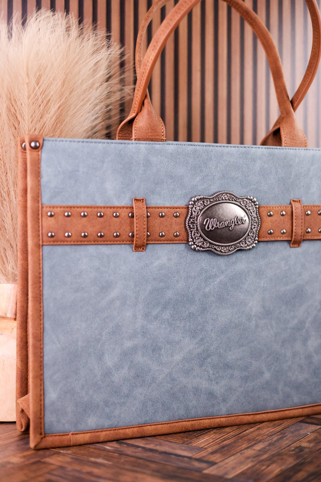 Slate Blue Vegan Leather Large Tote With Wrangler Belt Buckle - Whiskey Skies - MONTANA WEST
