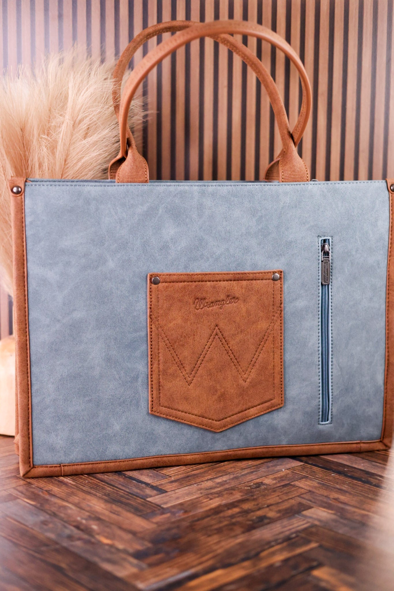 Slate Blue Vegan Leather Large Tote With Wrangler Belt Buckle - Whiskey Skies - MONTANA WEST