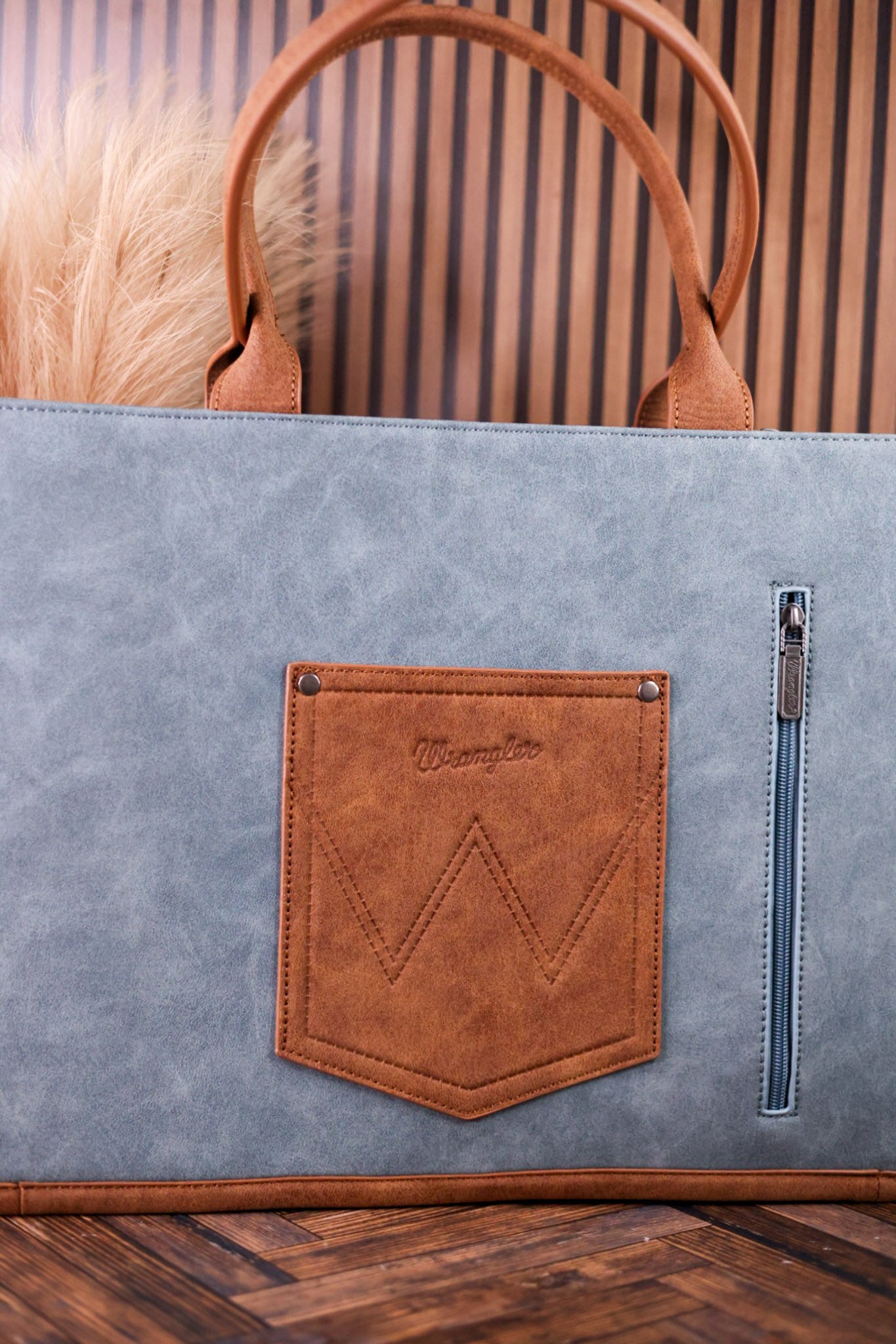 Slate Blue Vegan Leather Large Tote With Wrangler Belt Buckle - Whiskey Skies - MONTANA WEST