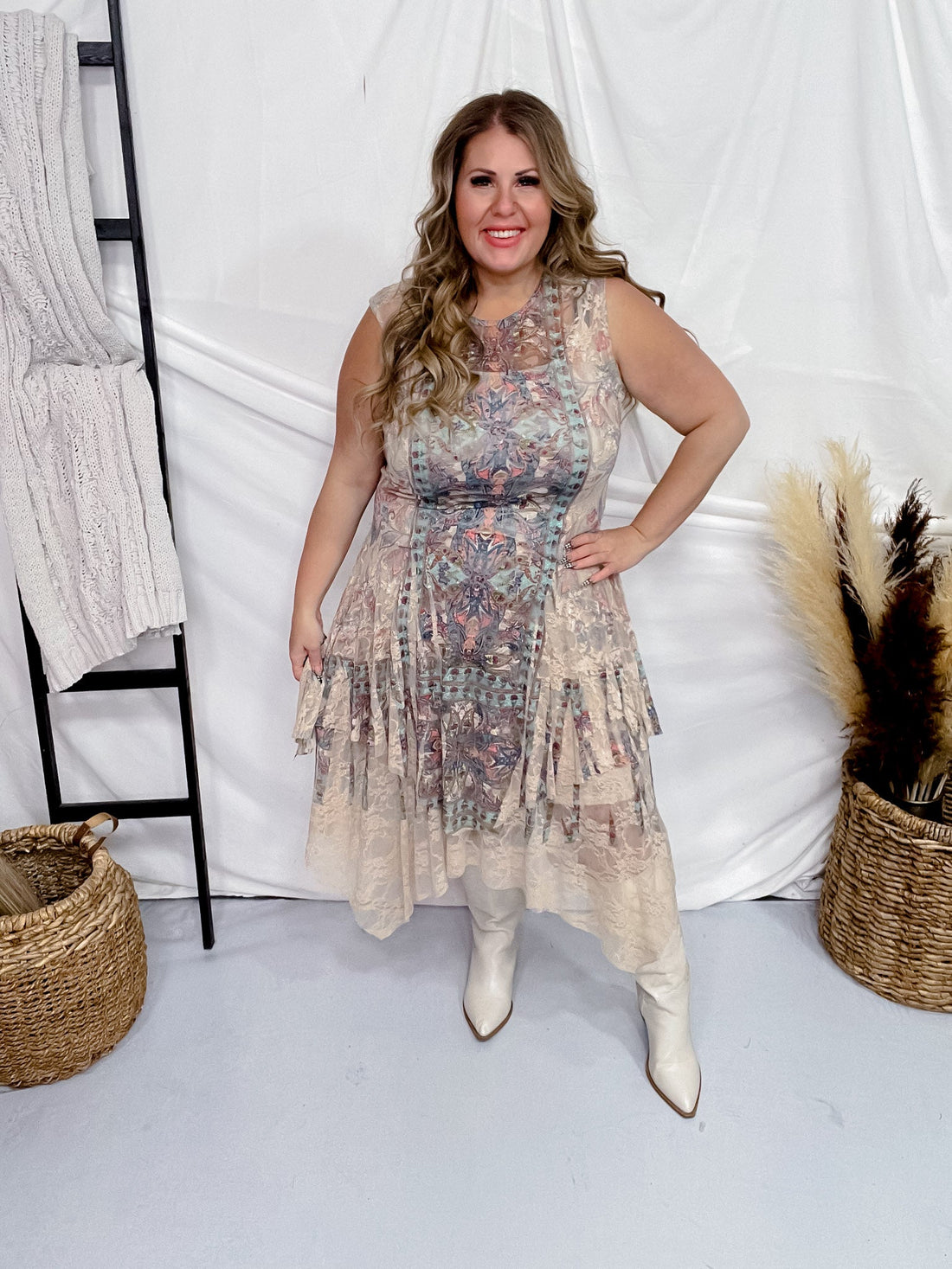 Sleeveless Boho Lace Dress - Whiskey Skies - ORIGAMI APPAREL