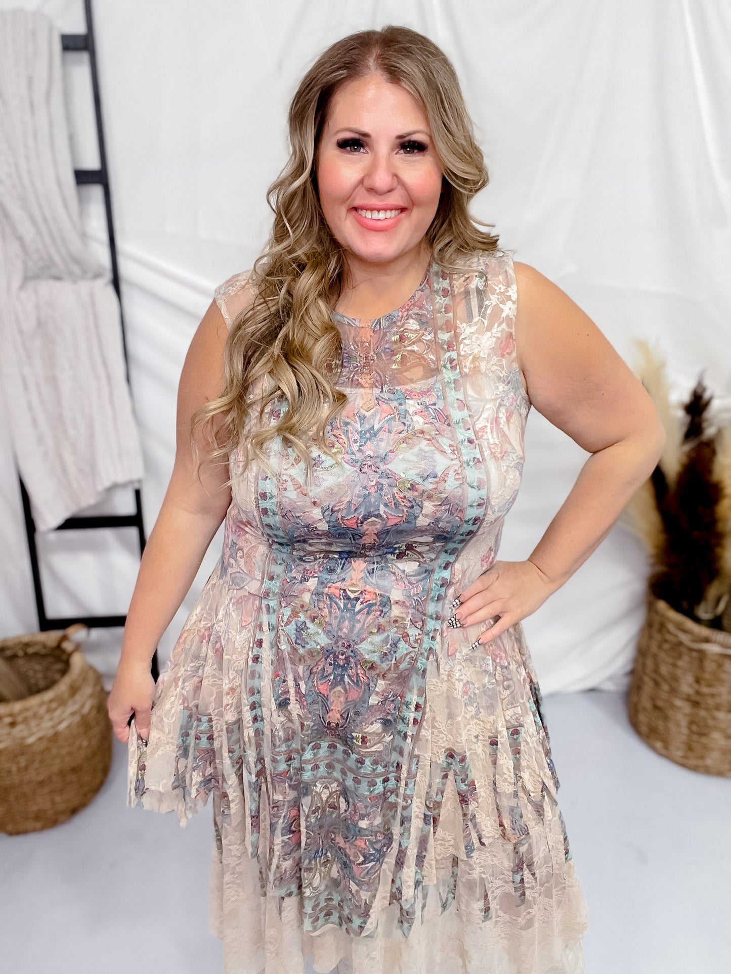 Sleeveless Boho Lace Dress - Whiskey Skies - ORIGAMI APPAREL