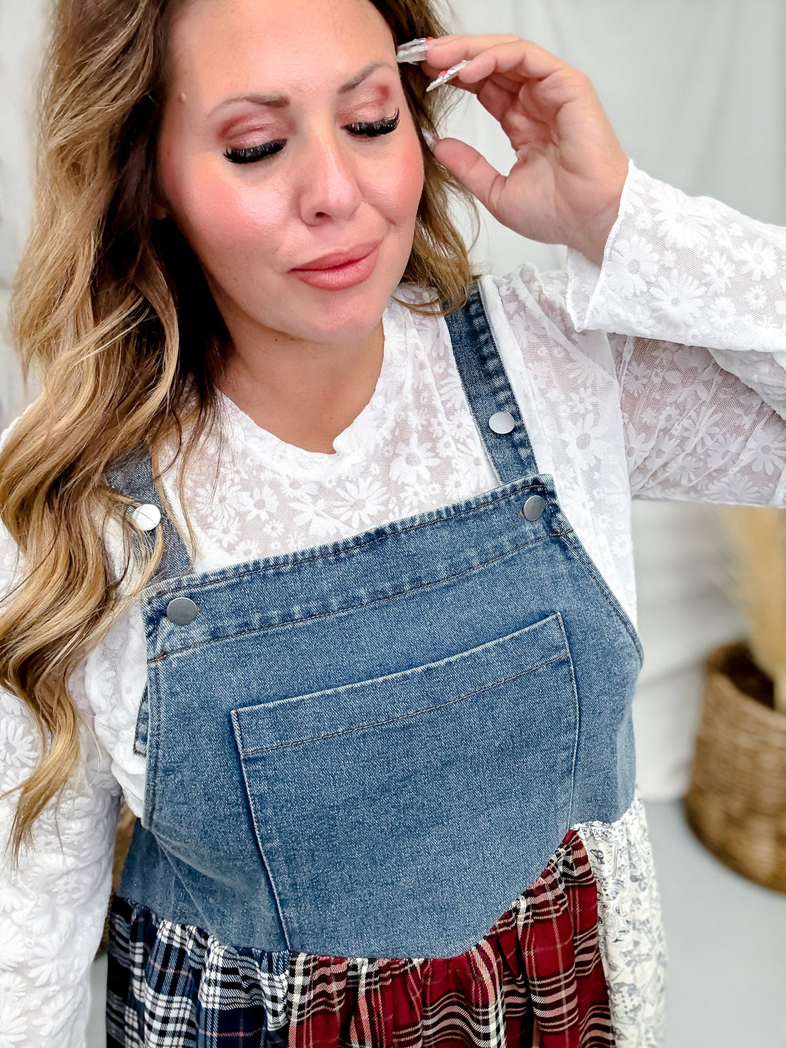 Sleeveless Denim Dress With Plaid & Floral Skirt - Whiskey Skies - ODDI