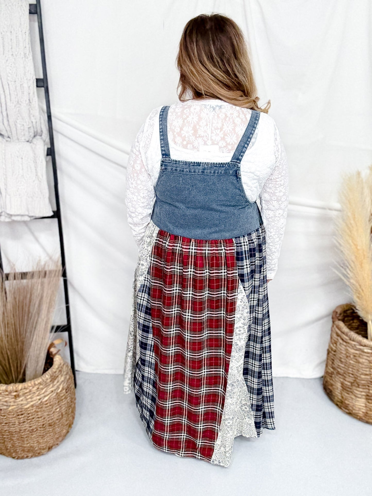 Sleeveless Denim Dress With Plaid & Floral Skirt - Whiskey Skies - ODDI