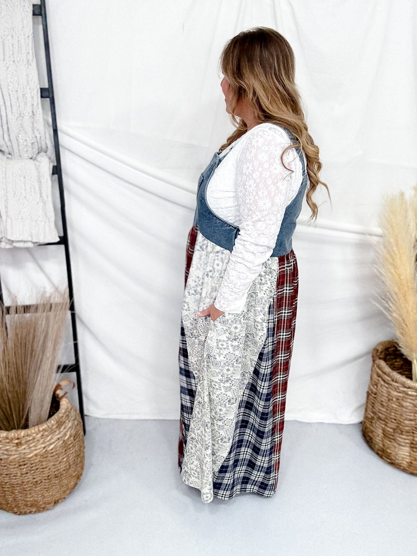 Sleeveless Denim Dress With Plaid & Floral Skirt - Whiskey Skies - ODDI