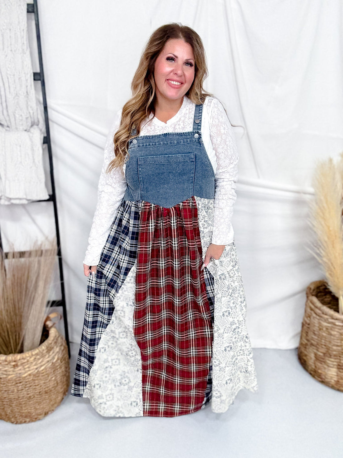 Sleeveless Denim Dress With Plaid & Floral Skirt - Whiskey Skies - ODDI