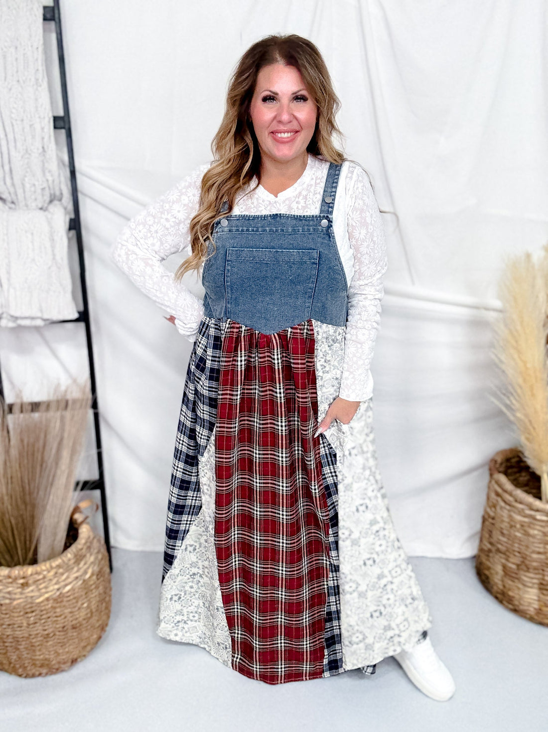 Sleeveless Denim Dress With Plaid & Floral Skirt - Whiskey Skies - ODDI