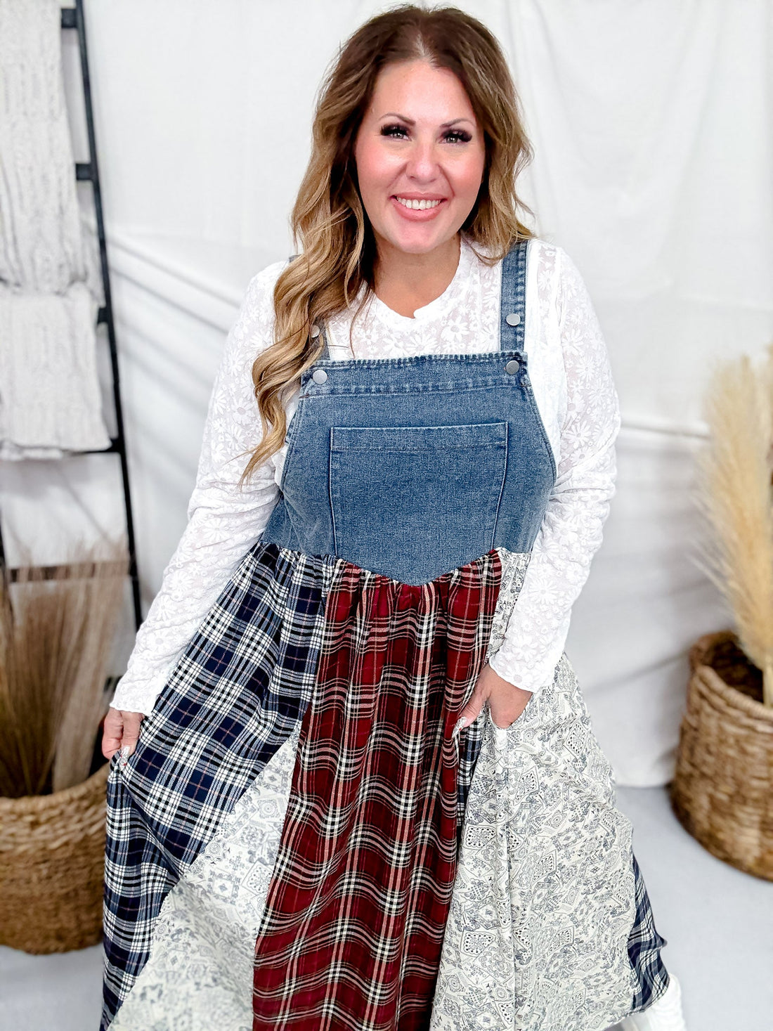 Sleeveless Denim Dress With Plaid & Floral Skirt - Whiskey Skies - ODDI