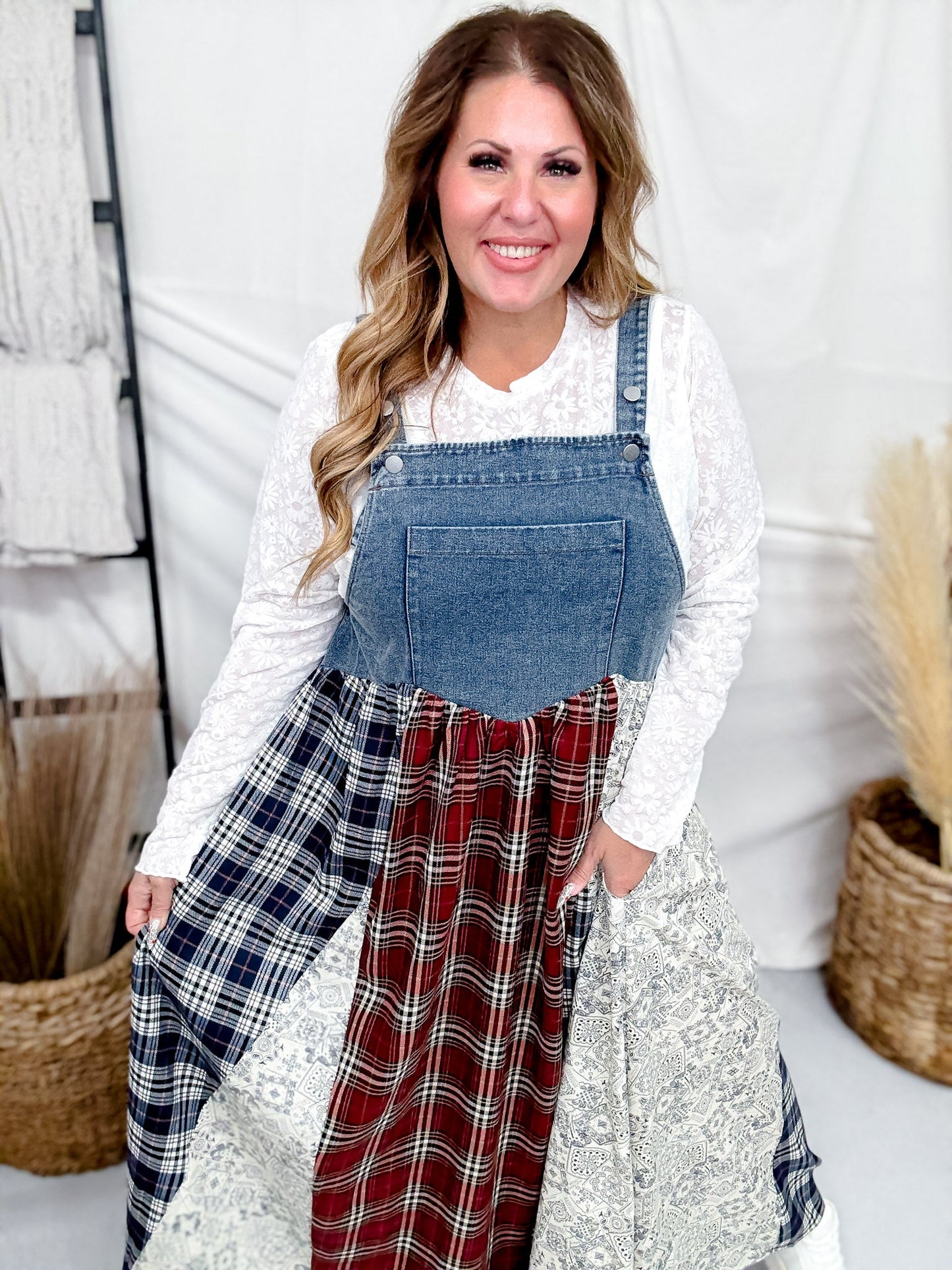 Sleeveless Denim Dress With Plaid & Floral Skirt - Whiskey Skies - ODDI