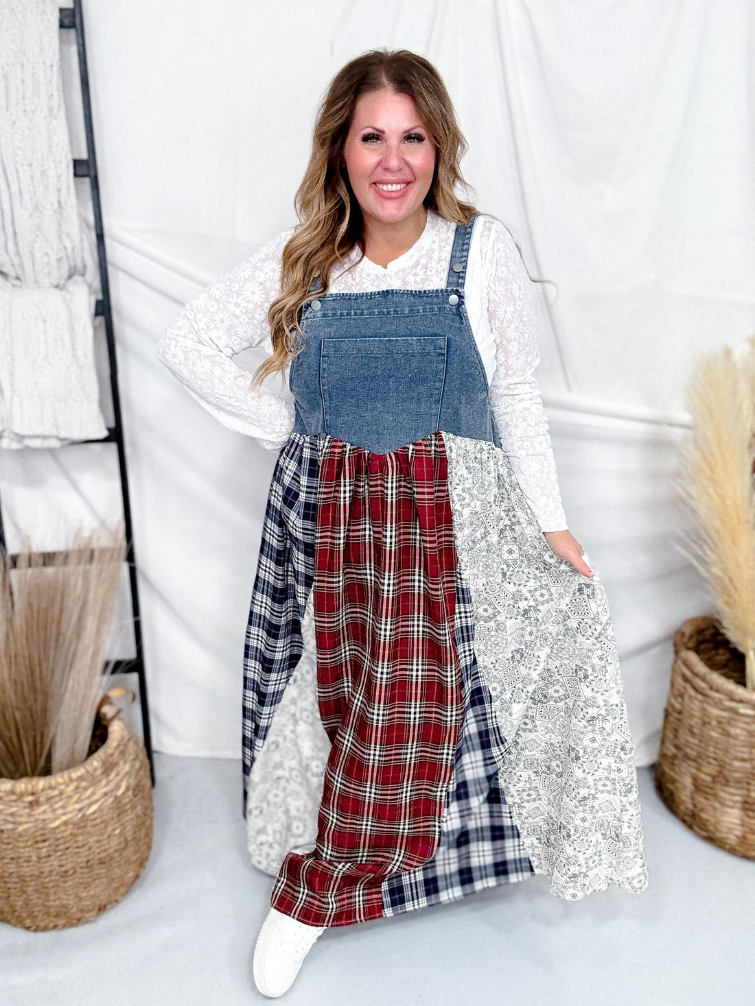 Sleeveless Denim Dress With Plaid & Floral Skirt - Whiskey Skies - ODDI